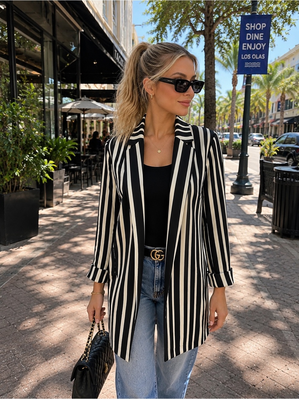 Alice+Olivia Black and White Striped Open-Front Blazer Jacket Size M